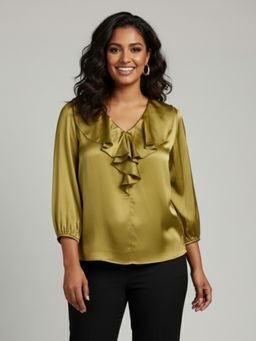 Qurvii - Satin Olive Green Ruffle V-Neck Top
