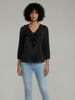 Qurvii - Satin Black Ruffle V-Neck Top