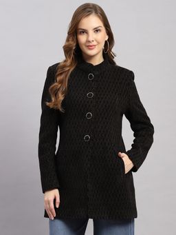 Monte Carlo - Women's Regular Fit Self Designed Full Sleeve Black Coat