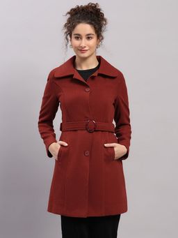 Monte Carlo - Women's Regular Fit Solid Button Full Sleeve Rust Coat