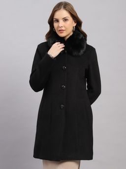 Monte Carlo - Women's Regular Fit Solid Button Full Sleeve Black Coat