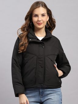 Monte Carlo - Women's Baggy Fit Solid Zipper Full Sleeve Black Jacket