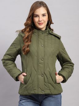 Monte Carlo - Women's Regular Fit Striped Zipper Full Sleeve Green Jacket