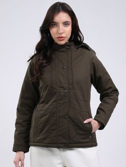 Monte Carlo - Women's Regular Fit Solid Zipper Full Sleeve Olive Jacket