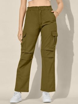 Buynewtrend - Full Length Twill Women's Olive Cargo