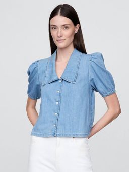 GAP - Women's Blue Above-The-Keyboard Collar Shirt-Style Top