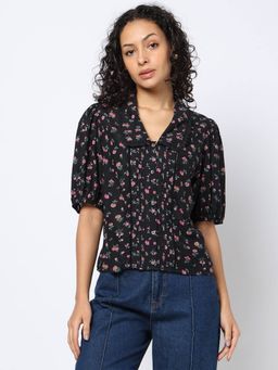 GAP - Women's Black Floral Puff Sleeve Shirt-Style Top