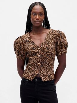 GAP - Women's Brown Leopard Puff Sleeve Shirt-Style Top