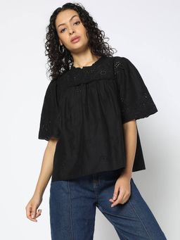 GAP - Women's Black Cut-Work Half Sleeve Top