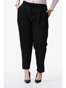 Virgio - Women Solid Cotton Front Pleat and Drawcord Detail Black Pant
