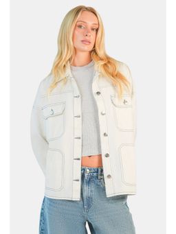 Virgio - Solid Cotton Oversized Denim Full Sleeves White Jacket