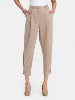 Virgio - Women Khaki Solid Cotton Mom Fit Pant