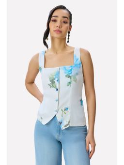 Virgio - Floral Tencel Square Neck Sleeveless White Waistcoat