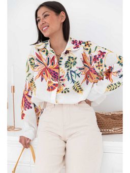 Outzidr - White Full Sleeve Embroidered Collared Top