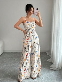 Outzidr - Cream Shoulder Strap Printed Jumpsuit