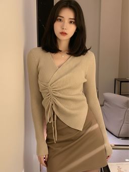 Outzidr - Beige Full Sleeve Side Ruched Asymmetrical Hem Top