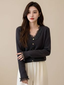 Outzidr - Navy Blue Full Sleeve Lace Hem Buttoned Top