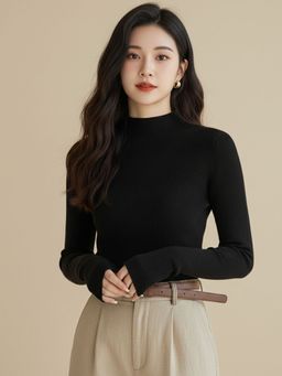 Outzidr - Navy Blue Full Sleeve High Neck Fitted Tops