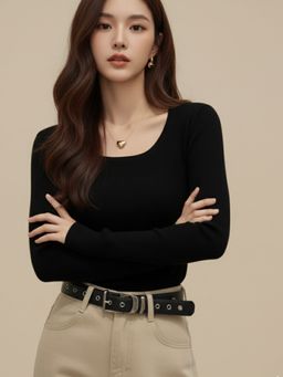 Outzidr - Black Full Sleeve Round Neck Fitted Top