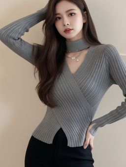 Outzidr - Grey Full Sleeve Neck Cutout Wrap Top