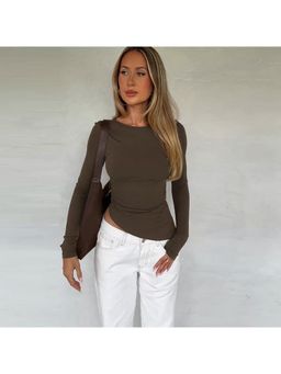 Outzidr - Brown Fitted Boat Neck Basic Solid Top