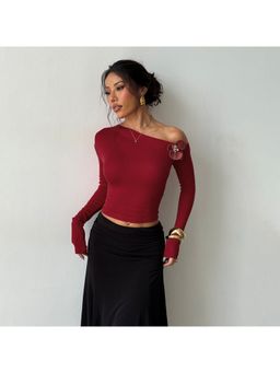Outzidr - Wine Off-Shoulder Rosette Top