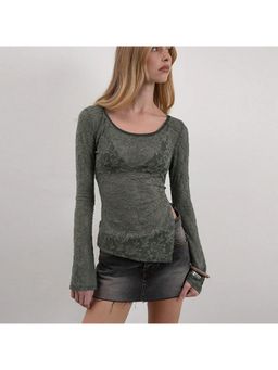 Outzidr - Olive Sheer Lace Scoop Neck Top