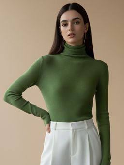 Outzidr - Women Green Full Sleeve Mock Neck Sweater