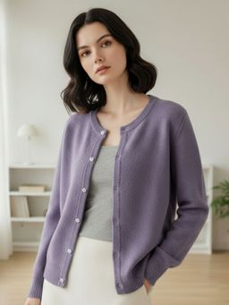 Outzidr - Women Lavender Full Sleeve Front Buttoned Slouchy Cardigan