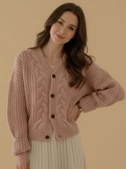 Outzidr - Women Pink Full Sleeve Front Buttoned Slouchy Cardigan