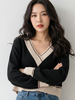 Outzidr - Women Black Full Sleeve Contrast Sweater