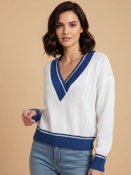 Outzidr - Women White Full Sleeve Contrast Sweater