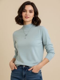 Outzidr - Women Blue Full Sleeve Mock Neck Sweater
