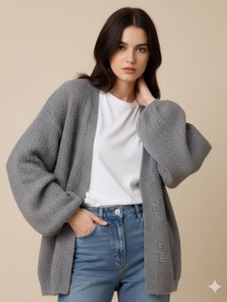 Outzidr - Women Grey Balloon Sleeve Slouchy Cardigan