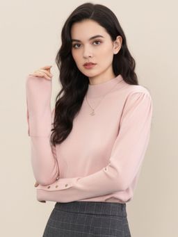 Outzidr - Women Pink Full Sleeve High Neck Sweater