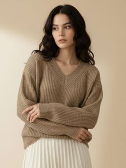 Outzidr - Women Brown Full Sleeve V Neck Sweater