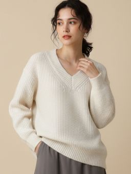 Outzidr - Women White Full Sleeve V Neck Sweater