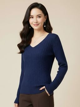 Outzidr - Women Navy Blue Full Sleeve V Neck Relaxed Sweater