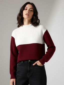 Outzidr - Women Maroon Full Sleeve Mock Neck Colour Block Sweater