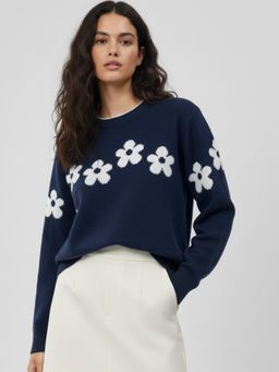 Outzidr - Women Navy Blue Full Sleeve Round Neck Printed Sweater