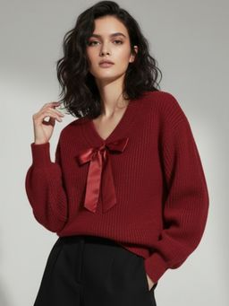 Outzidr - Women Maroon Full Sleeve V Neck Front Bow Sweater