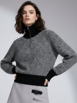 Outzidr - Women Grey Full Sleeve Contrast Collar Sweater