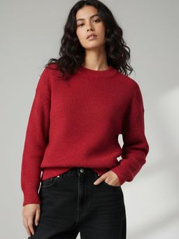 Outzidr - Women Red Full Sleeve Crew Neck Slouchy Sweater