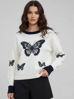 Outzidr - Women Off White Full Sleeve Contrast Neckline Printed Sweater