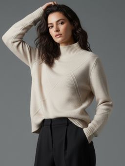 Outzidr - Women Beige Textured Regular Basic Sweater