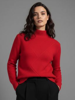 Outzidr - Women Red Textured Regular Basic Sweater