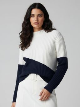 Outzidr - Women White Dual Tone High Neck Sweater