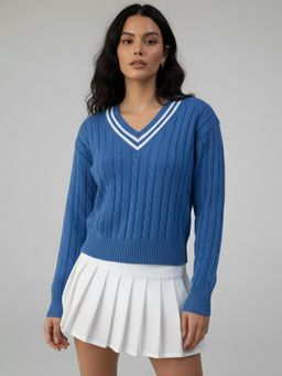 Outzidr - Women Blue V Neck Cable Structure Sweater