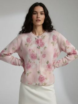 Outzidr - Women Pink Floral Printed Button Down Cardigan