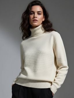 Outzidr - Women Off White High Neck Honey Comb Textured Sweater